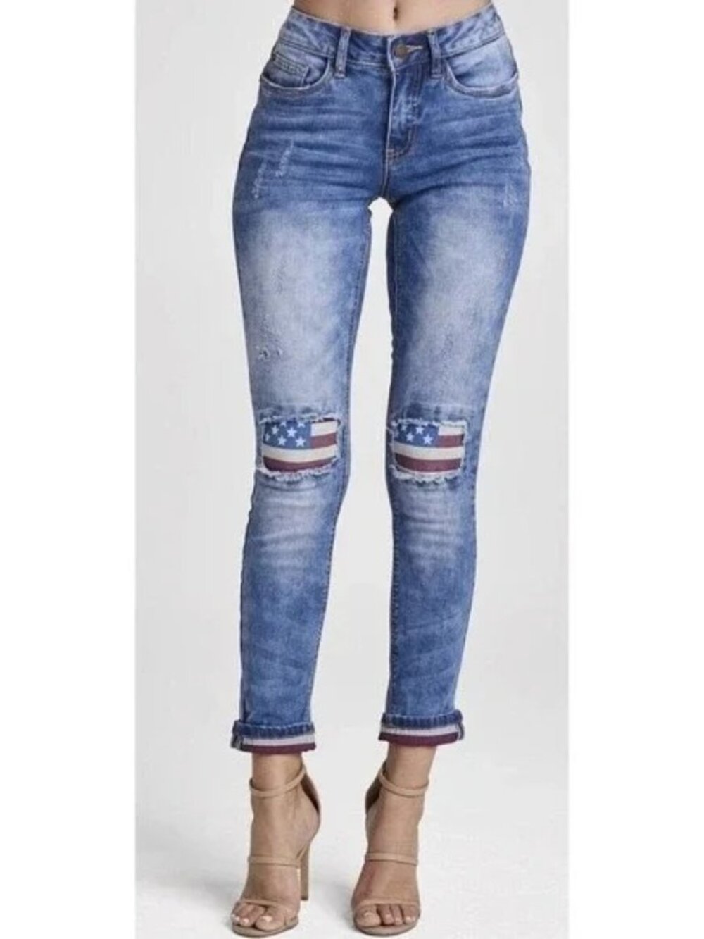 Venus Jeans Women's Size 2 USA Flag Patriotic Patches Denim Acid Wash Distressed